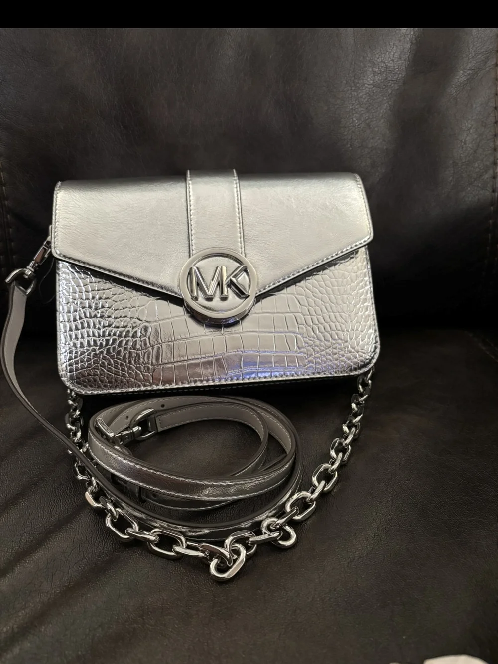 Michael Kors Metallic Silver Croc-Embossed MK Crossbody